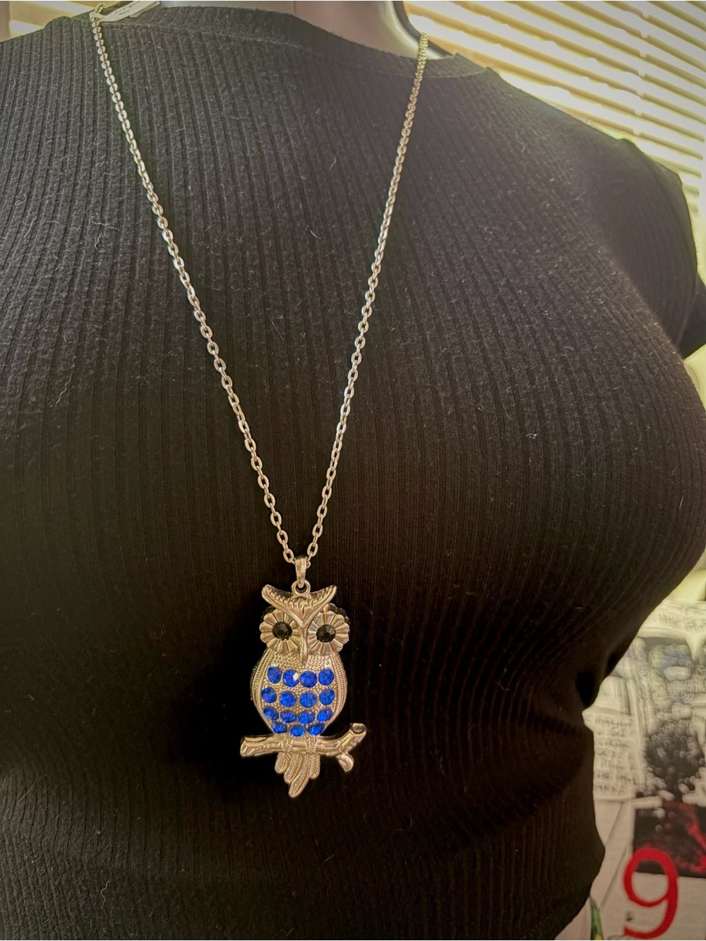 Silver Owl Pendant Necklace with Blue Crystal Accents